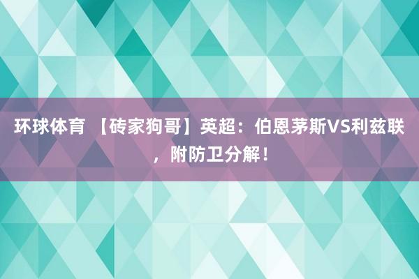 环球体育 【砖家狗哥】英超：伯恩茅斯VS利兹联，附防卫分解！